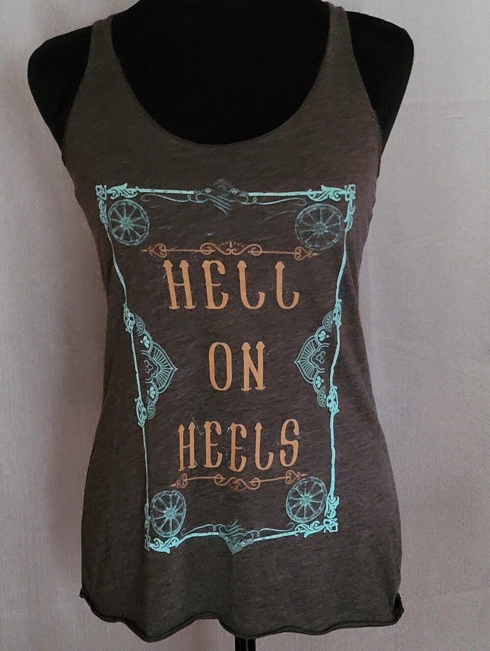 Graphic Racerback Tank Top - "Hell on Heels" in Brown
